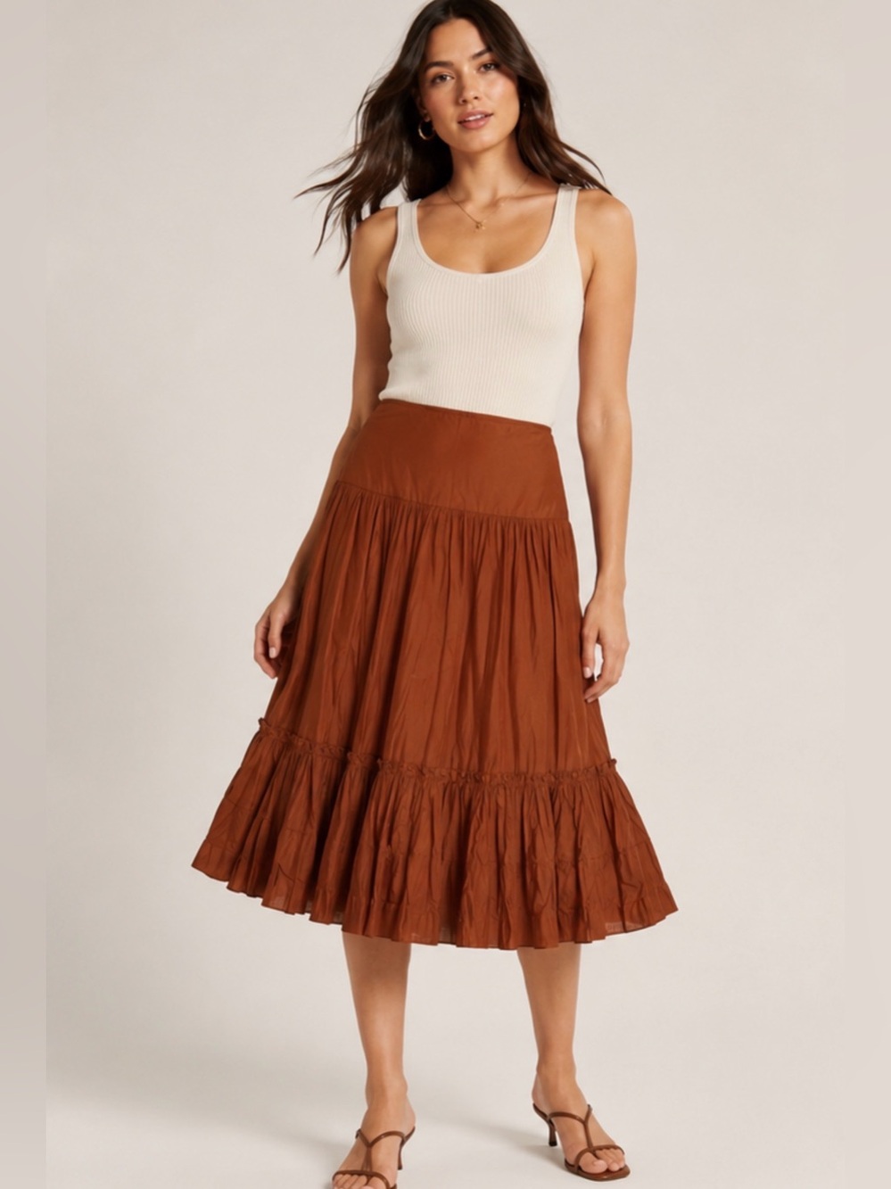 LILLIE RUBIN || Brown Tiered Midi Pleated Ruffle Skirt. Sz. 12
